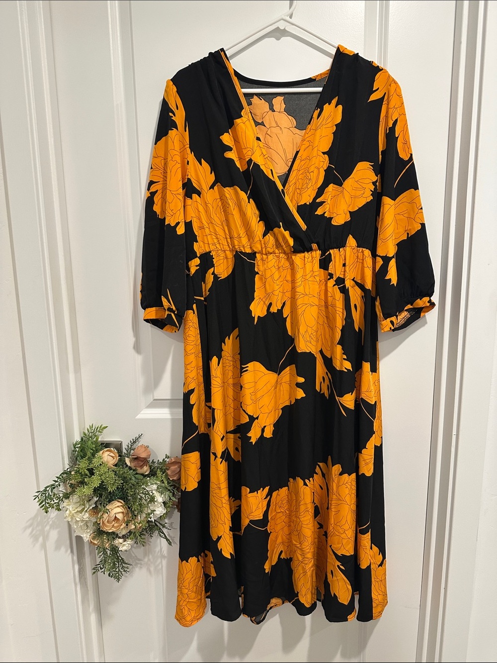 Black Maxi Dress with Bold Orange Floral Print